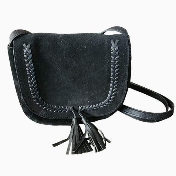 Lucky Brand Handbags - Lucky Brand Black Suede Leather Mini Saddle Bag Crossbody Purse Boho Western